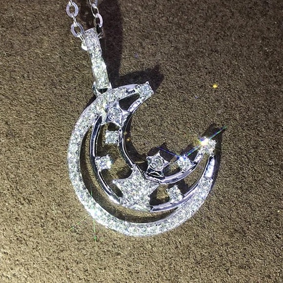 New Unisex 925 Silver Double Moon Sweet Diamond Necklace - Picture 3 of 6
